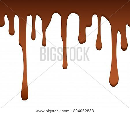 Melted brown chocolate flow down. Chocolate splashes. Sweet background. Vector stock