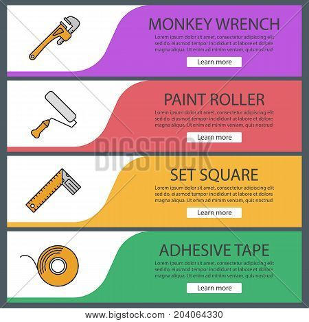 Construction tools web banner templates set. Monkey wrench, paint roller, set square, adhesive tape roll. Website color menu items. Vector headers design concepts