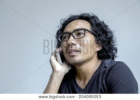 Asian Man Face Action With Mobile On White