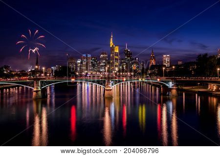 Frankfurt am Main, Hessen, Germany - August 07, 2017: Fireworks in Frankfurt am Main city during Mainfest in Frankfurt, Germany