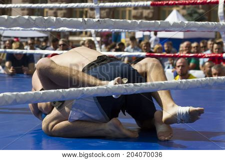 Box fighters trainning outdoor. Teen with roller skates performing a stunt on a half pipe ramp sport