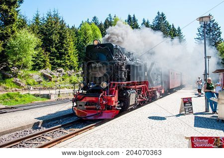 Schierke Germany - May 27. 2017: Old steam train on the Brockenbahn