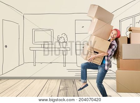 New house moving woman one person picking up physical activity