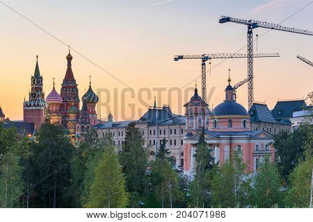 Saint Basil's Cathedral in Red Square from New Zaryadye Park in Moscow sunset view