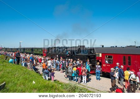 Brocken Germany - May 27. 2017: Tourists waiting for the train at Brocken train station