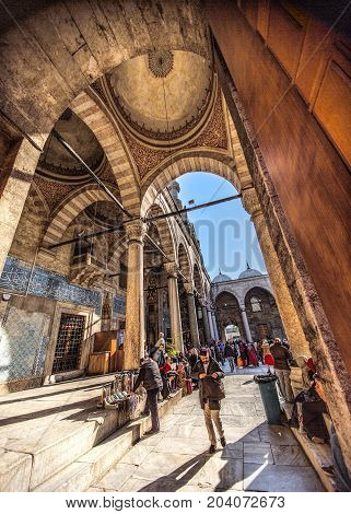 ISTANBUL TURKEY: Courtyard of the Yeni Mosque New Mosque or Mosque of the Valide Sultan on April 11 2015