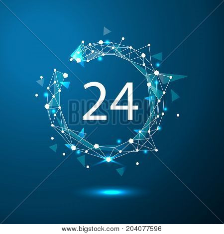 24 hours customer service. Round the clock support symbol.Polygonal space low poly with connecting dots and lines. Connection structure. Vector science background.