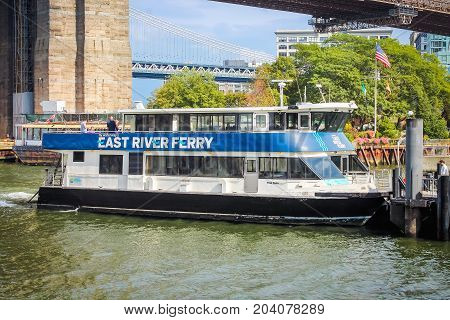 New York USA - 28 September 2016: Close up image of the East River Ferry which transitioned to the NYC Ferry Service in 2017.