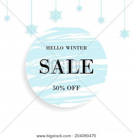 Winter Sale. Special offer banner With lettering hello winter christmas ball and snowflakes design element and blue circle brush stroke background for business promotion and advertising.