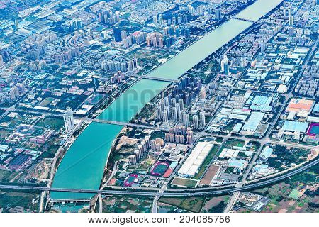 Aerial view of Chengdu district at sunset time. China.