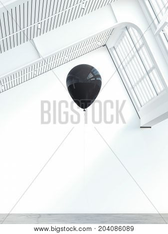 Black balloon in a modern lof interior with white walls. 3d rendering
