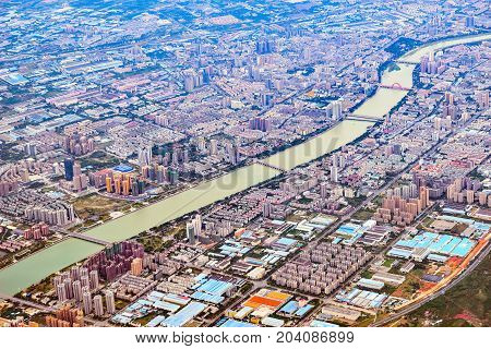 Aerial view of Chengdu district at sunset time. China.