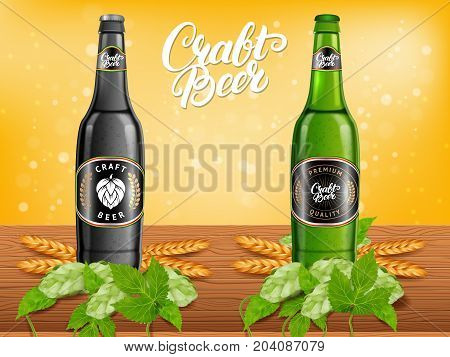 Realistic beer products ad. Vector 3d illustration. Dark and light craft beer bottle template design. Alcoholic drink brand glass bottle advertisement poster layout.