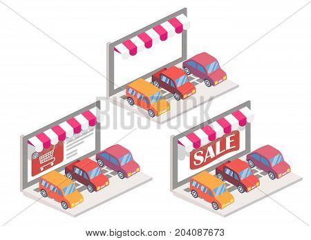 Car online vector illustration. 3d isometric automobiles on laptop keyboard. Online shopping, e-commerce concept design elements isolated on white background.