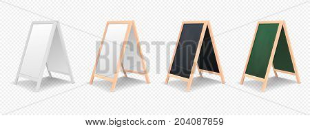 Realistic special menu announcement board icon set isolated on transparent background. Clean restaurant outdoor blackboard background. Mockup of chalkboard for restaurant menu. Side view. Stock vector. EPS10 illustration.