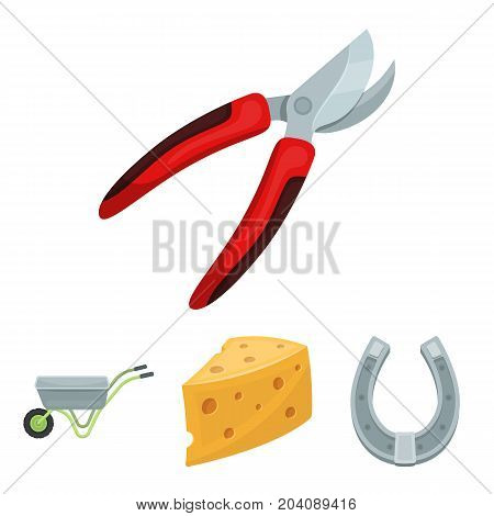 Cheese with holes, a trolley for agricultural work, a horseshoe made of metal, a pruner for cutting trees, shrubs. Farm and gardening set collection icons in cartoon style vector symbol stock illustration .