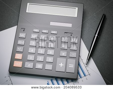 Calculator on a sheet with charts and pen. 3d rendering