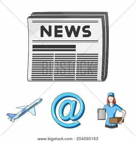 Email symbol, courier with parcel, postal airplane, pack of newspapers.Mail and postman set collection icons in cartoon style vector symbol stock illustration .