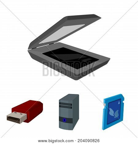 A system unit, a flash drive, a scanner and a SD card. Personal computer set collection icons in cartoon style vector symbol stock illustration .