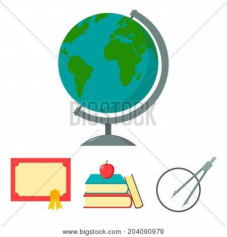 Books, an apple, a compass with a circle, a diploma with a seal, a globe. School set collection icons in cartoon style vector symbol stock illustration .