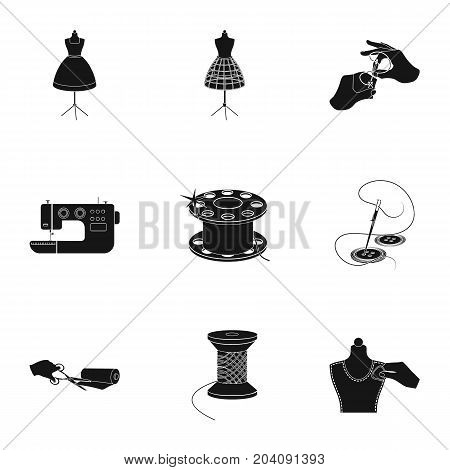 coil with thread, sewing machine, fabric and other equipment. Sewing and equipment set collection icons in black style vector symbol stock illustration .