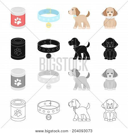 Bank with food, a collar with a medal, a puppy is sitting, it costs.Puppy set collection icons in cartoon black monochrome outline style vector symbol stock illustration .