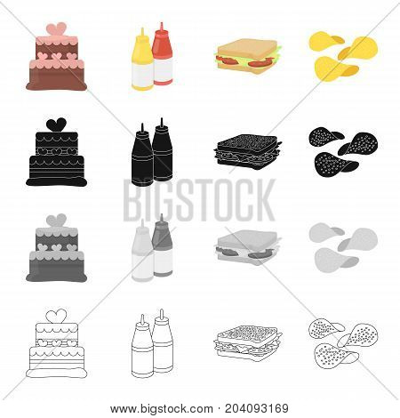 Cake, ketchup and mustard, fast food sandwich, potato chips. Fast food set collection icons in cartoon black monochrome outline style vector symbol stock illustration .