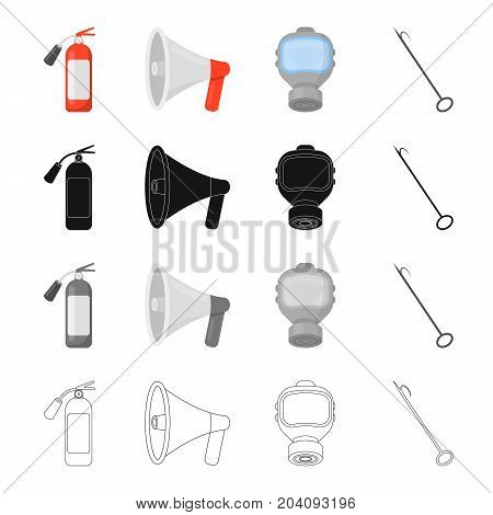 Fire extinguisher, megaphone, protective gas mask, hook. Fire Department set collection icons in cartoon black monochrome outline style vector symbol stock illustration .