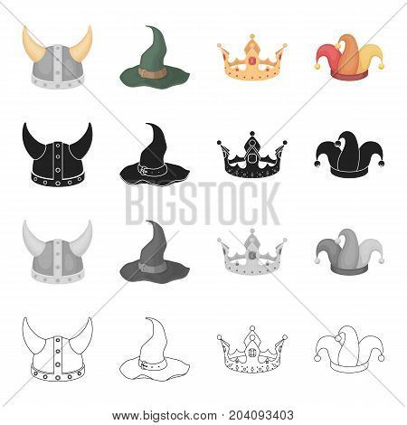 Viking helmet, wizard's hat, crown, jester's cap. Hats set collection icons in cartoon black monochrome outline style vector symbol stock illustration .