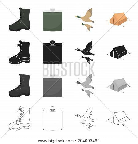 Boots, a hunting flask, a flight of ducks, a tent for rest. Hunting set collection icons in cartoon black monochrome outline style vector symbol stock illustration .