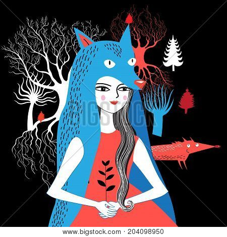 fabulous graphic portrait of the Wolf girl personification of nature