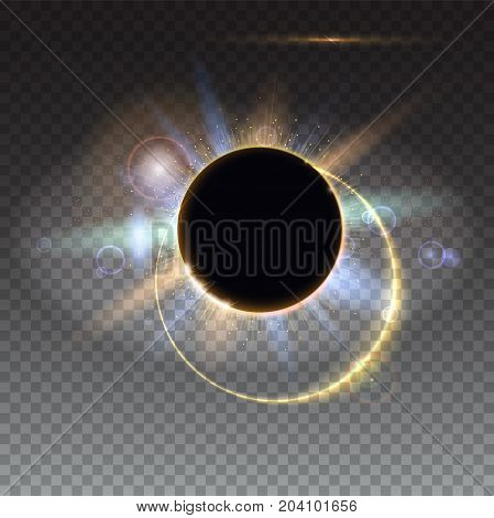 Solar eclipse, abstract light-rays of light. Blurred light rays and lens flare backdrop. Star burst with sparkles. The planet covering the Sun in eclipse. Isolated on transparent.
