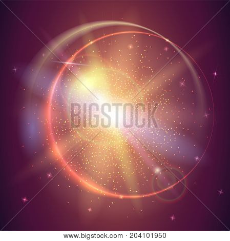 Blurred light rays and lens flare backdrop. Glow light effect. Star burst with sparkles. Abstract bright motion background. Dynamic digital, technology backdrop. Vector illustration.