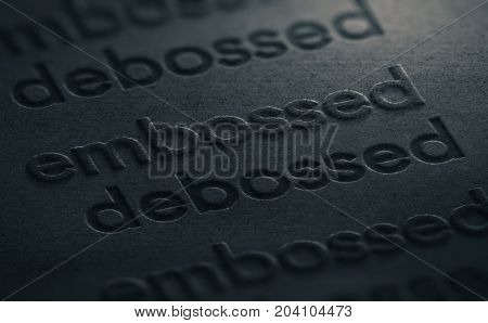 3D illustration of two words embossed and debossed impressed on a black paper texture.