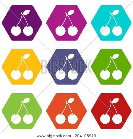Two ripe cherry berries icon set many color hexahedron isolated on white vector illustration