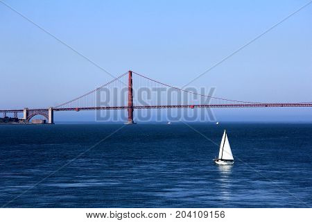 San Francisco, Usa, Golden Gate Bridge With Sailing Boats