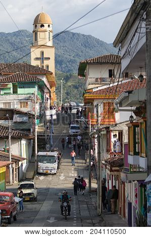 February 20 2017 Salento Colombia: street view of the popular tourist destination town of the coffee area