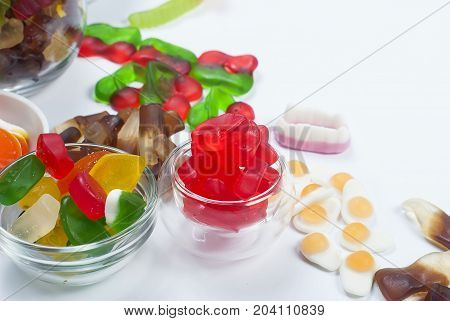 Tasty Different Jelly Candy On White Background