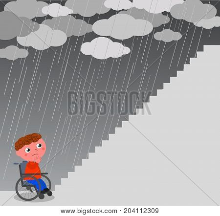 Boy in wheel chair near a big staircase vector illustration