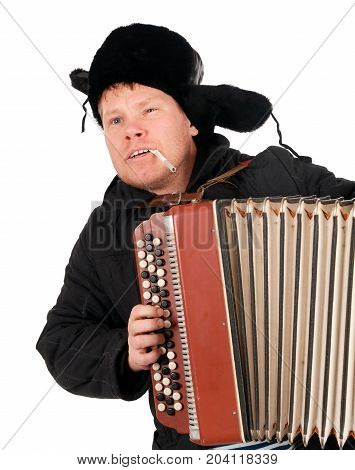 Russian man with accordionred-neck.isolated on white background
