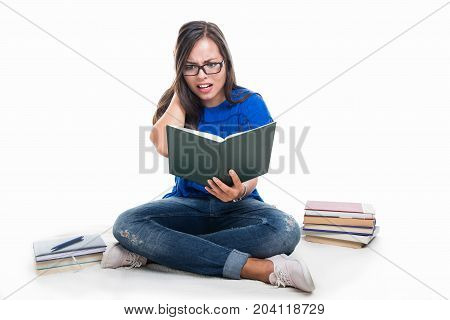 Beautiful Student Girl Sitting Looking Scared On Notebook
