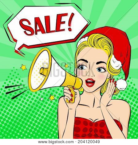 cartoon pop of woman with merry christmas on the green background