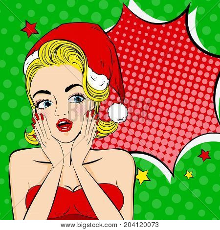 cartoon pop of woman with merry christmas on the green background