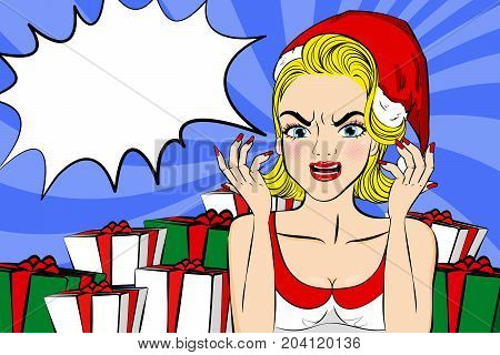 cartoon pop of woman with merry christmas on the blue background