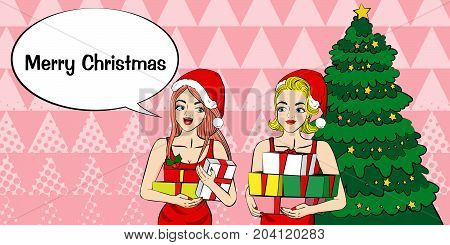 cartoon pop of women with merry christmas on the pink background