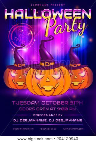Halloween party invitation with pumpkins and colorful shiny background. Vector flyer template.