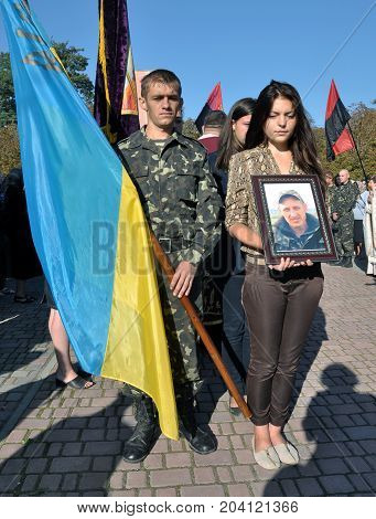 Rosokhach - Chortkiv - Ukraine - September 5 2014. Villagers and district Rosokhach say goodbye to Ukrainian soldier killed in Donbas in the war with Russia