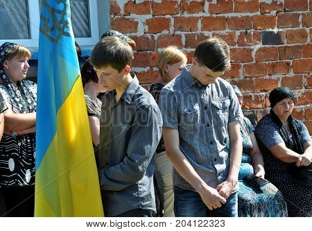 Rosokhach - Chortkiv - Ukraine - September 5 2014. Villagers and district Rosokhach say goodbye to Ukrainian soldier killed in Donbas in the war with Russia