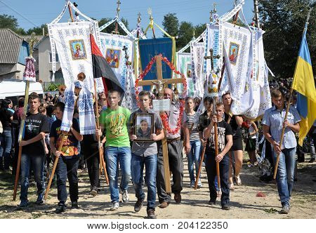 Rosokhach - Chortkiv - Ukraine - September 5 2014. Villagers and district Rosokhach say goodbye to Ukrainian soldier killed in Donbas in the war with Russia