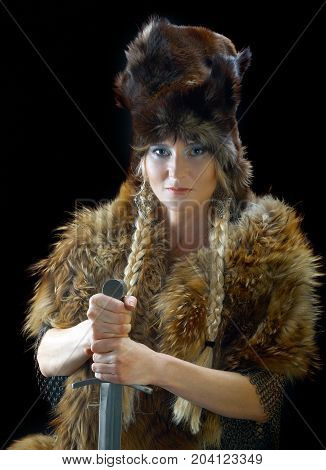ancient Valkyrie. northern Viking girl with sword